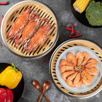 Bamboo Steamer Basket, Stainless Steel Reinforced Rim, 12-Inch 2-Tier Steamer for Cooking, 50 Liners Chopsticks Sauce Dish Dumpling Makers, Steaming Asian Food Bao Buns Dim Sum Rice Veggies Steam Pot