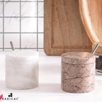 Radicaln Marble Salt Cellar With Lid and Tray 3" Inch White and Marinara Salt Container and Set of 2 Seasoning Jars For Living Room, Ideal Salt Bowl for Countertop