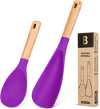 Cooking Spoon and Rice Scooper for Nonstick Cookwares, Great for Cooking and Serving Sturdy BPA-Free Matte Silicone, Wood Handle Spoon for Mixing, Scoop, and Scrape (BERRY)