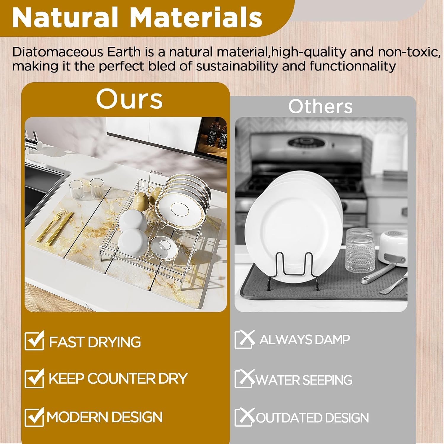 Stone Drying Mat for Kitchen Counter, White with Gold Veins Stone Dish Drying Mat - Diatomite Water Absorbing Drying Stone for Kitchen Counter Mat, Quick Dry Stone Mat Kitchen for Cups Dishes Bottles.