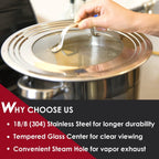Stainless Steel Universal Lid for Pots, Pans and Skillets - Fits 7" to 12" Pot and Pans - Tempered Glass with Stainless Steel Rim Replacement Frying Pan Cover and Cast Iron Skillet Lid