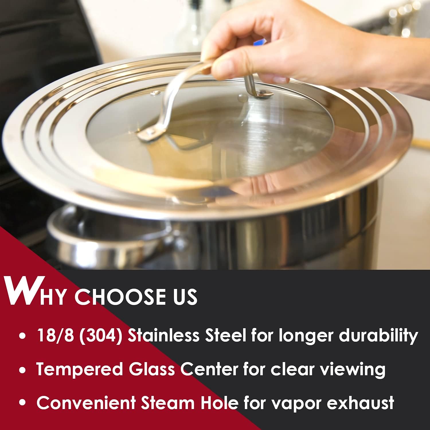 Stainless Steel Universal Lid for Pots, Pans and Skillets - Fits 7" to 12" Pot and Pans - Tempered Glass with Stainless Steel Rim Replacement Frying Pan Cover and Cast Iron Skillet Lid