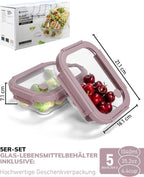 5-Pack Borosilicate Glass Containers with Tempered Lids, 35.2oz/4.4 Cup Airtight Meal Prep Set, Microwave/Freezer Safe (Pink)