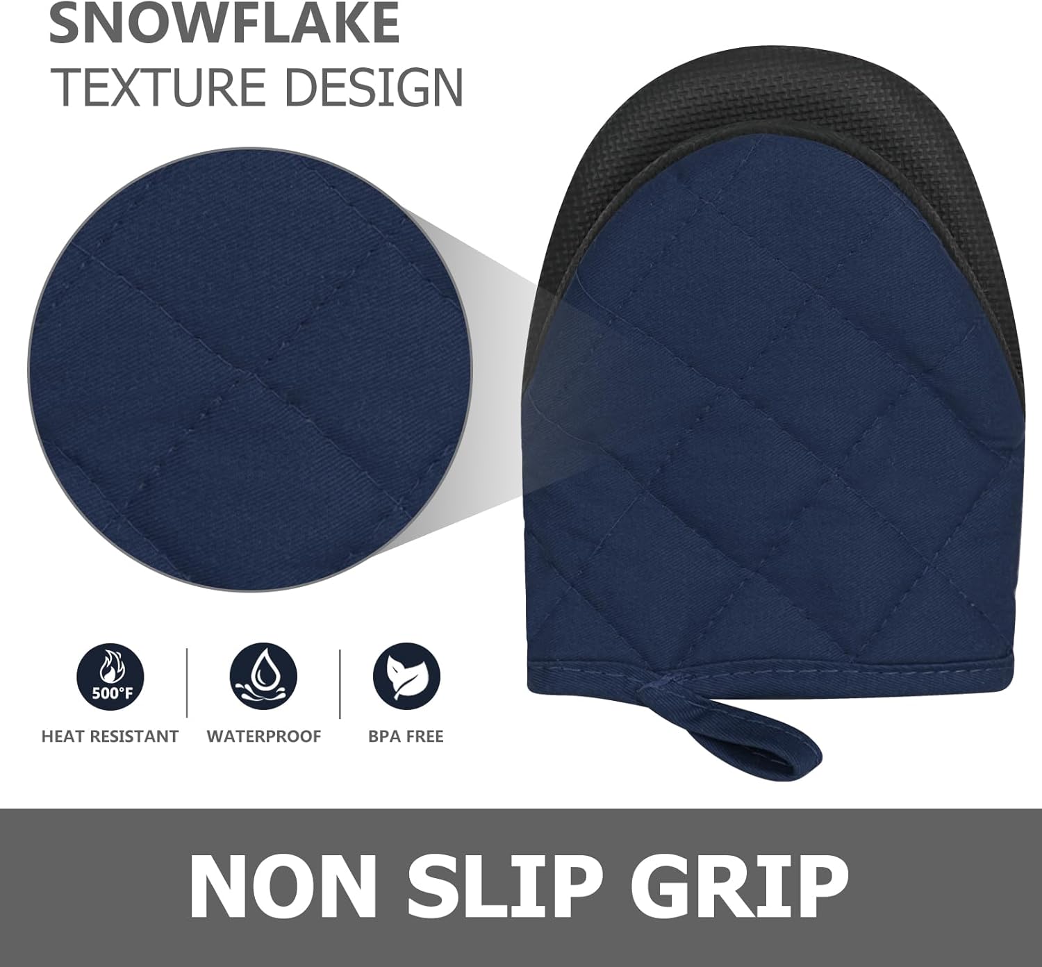 1 Pair Short Oven Mitts - Silicone Kitchen Oven Gloves High Heat Resistant 500℉, Mini Oven Mits with Non-Slip Grip Surfaces and Hanging Loop for BBQ, Baking, Cooking and Grilling (Dark Blue)