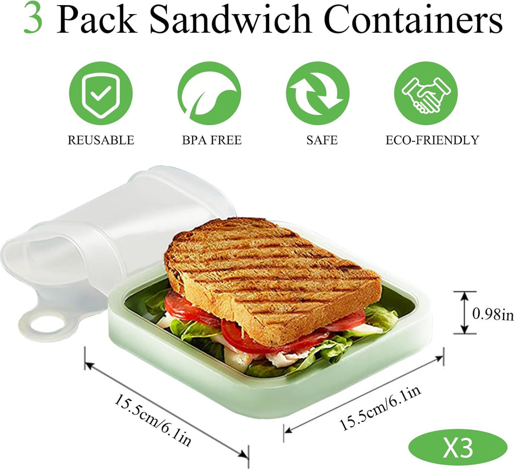 3 Pcs Sandwich Containers, Silicone Sandwich Storage for Lunch Boxes, BPA Free, Leakproof, Reusable Sandwich Holder for Fruit,Salad,Snacks and Food Storage, Microwave Freezer & Dishwasher Safe (Green)