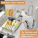 Dish Drying Rack Kitchen 2-Tier 304 Stainless Steel Dish Racks for Kitchen Counter,Strainer with Adjustable Draining Tray,Drying Rack with Water Cup Hook & Cutlery Holder,White