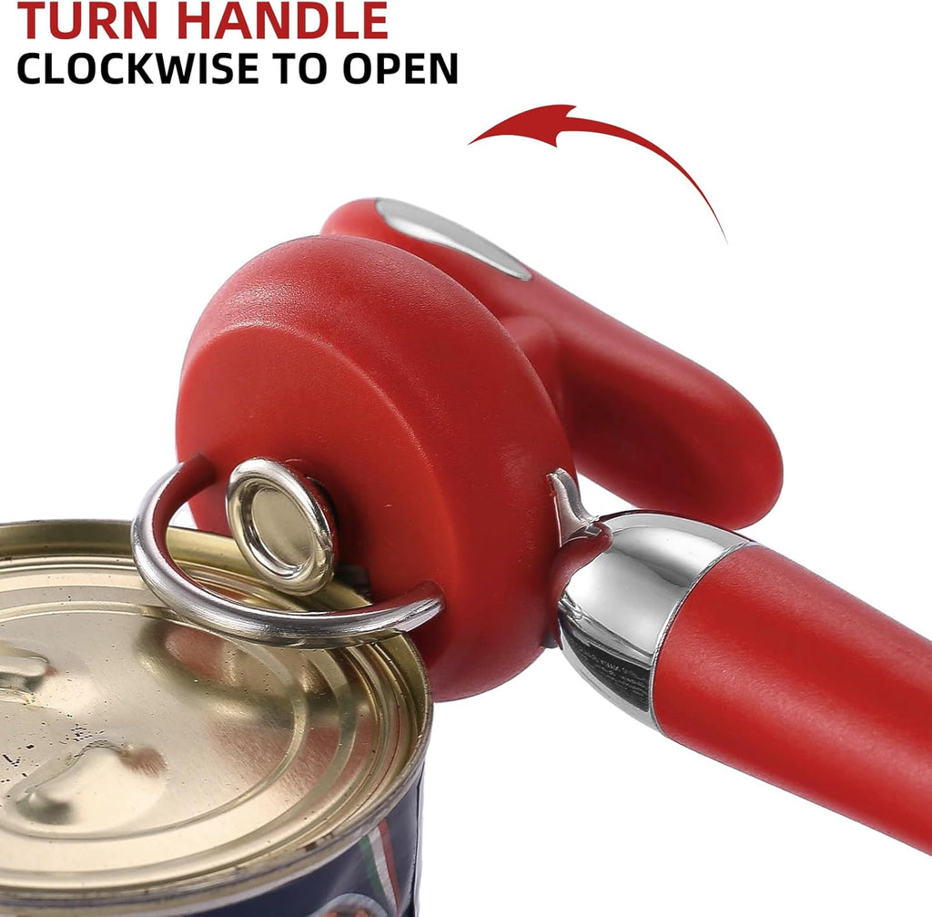 Can Opener Manual Tin Opener Stainless Steel Heavy Duty, Oversized Hand-held Easy Rotary Knob, Safe Cut Manual Can Opener with Non-Slip Handle, Smoother Cut Sharp Blade for Seniors Kitchen Tool, Red