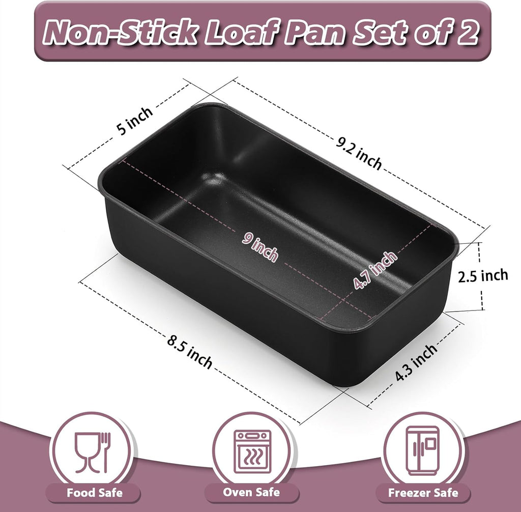 P&P CHEF Loaf Pan Set, 9 x 5 Inch Bread Pans, Stainless Steel Loaf Toast Baking Pans For Bread Meatloaf Lasagna Cake, Healthy & Non Toxic, Oven & Dishwasher Safe,(Black, 2Pcs)