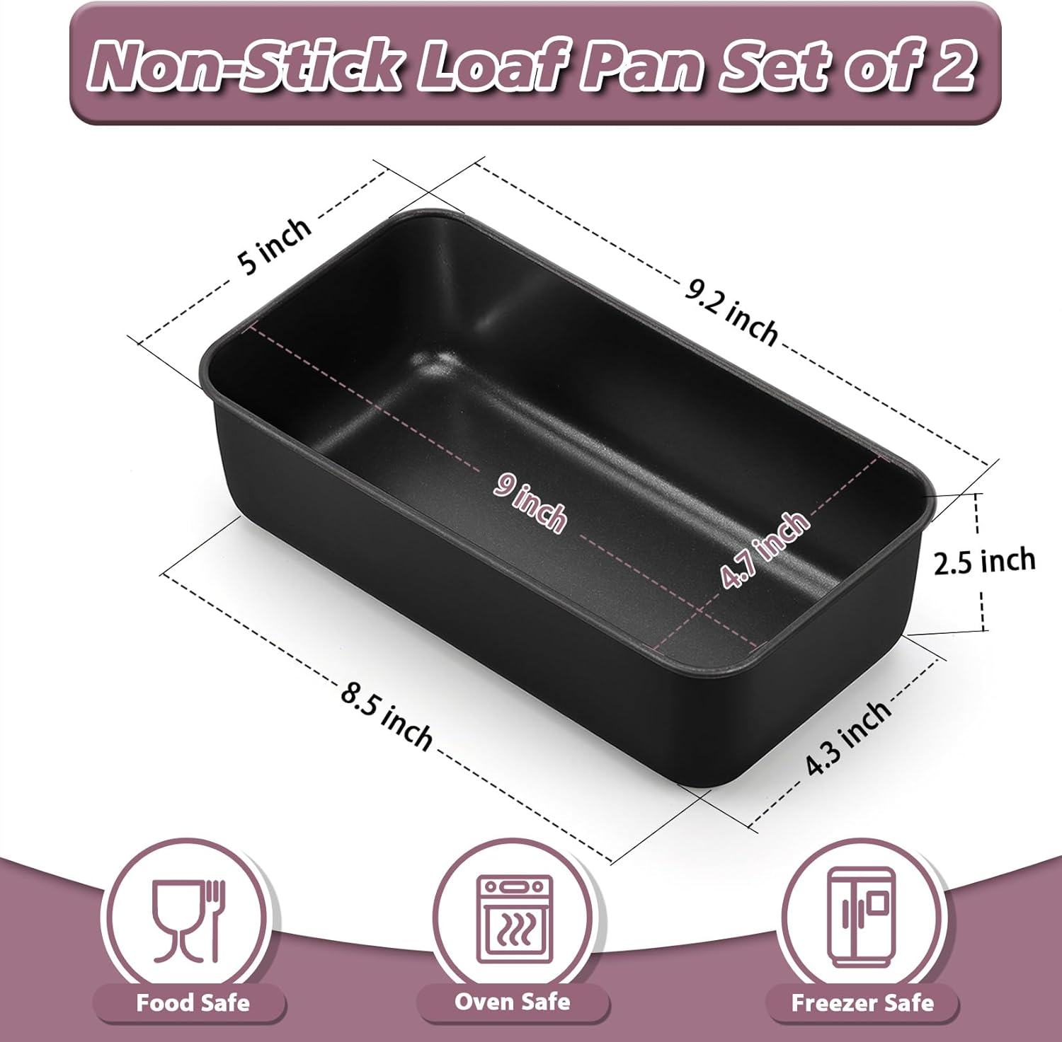 P&P CHEF Loaf Pan Set, 9 x 5 Inch Bread Pans, Stainless Steel Loaf Toast Baking Pans For Bread Meatloaf Lasagna Cake, Healthy & Non Toxic, Oven & Dishwasher Safe,(Black, 2Pcs)