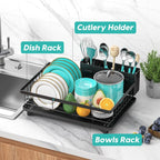 MERRYBOX Dish Drying Rack Space-Saving Dish Racks for Kitchen Counter, Rustproof Drying Rack Kitchen with Large Utensil Holder and Increased Feet, 16.5" D x 11.4" W x 5.65" H, Black