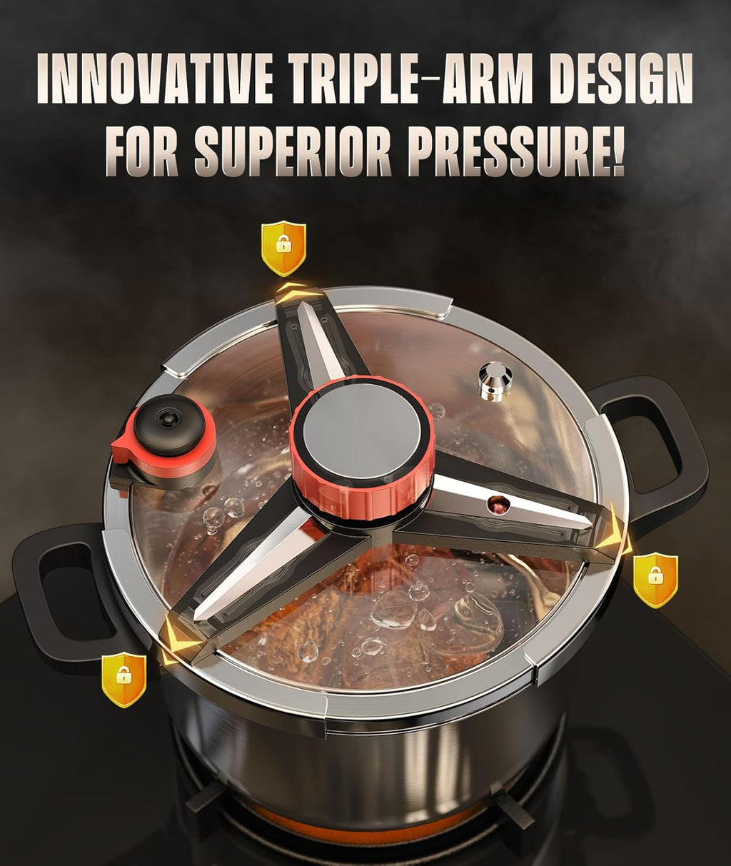 Pressure Cooker 6.3QT, [Save 70% Cooking Time] Stainless Steel Pressure Canner with Triple-Layer Steel Body [One Hand Operation] Rotating Lock/Unlocking Lid System Steam Rack Included Olla De Presion