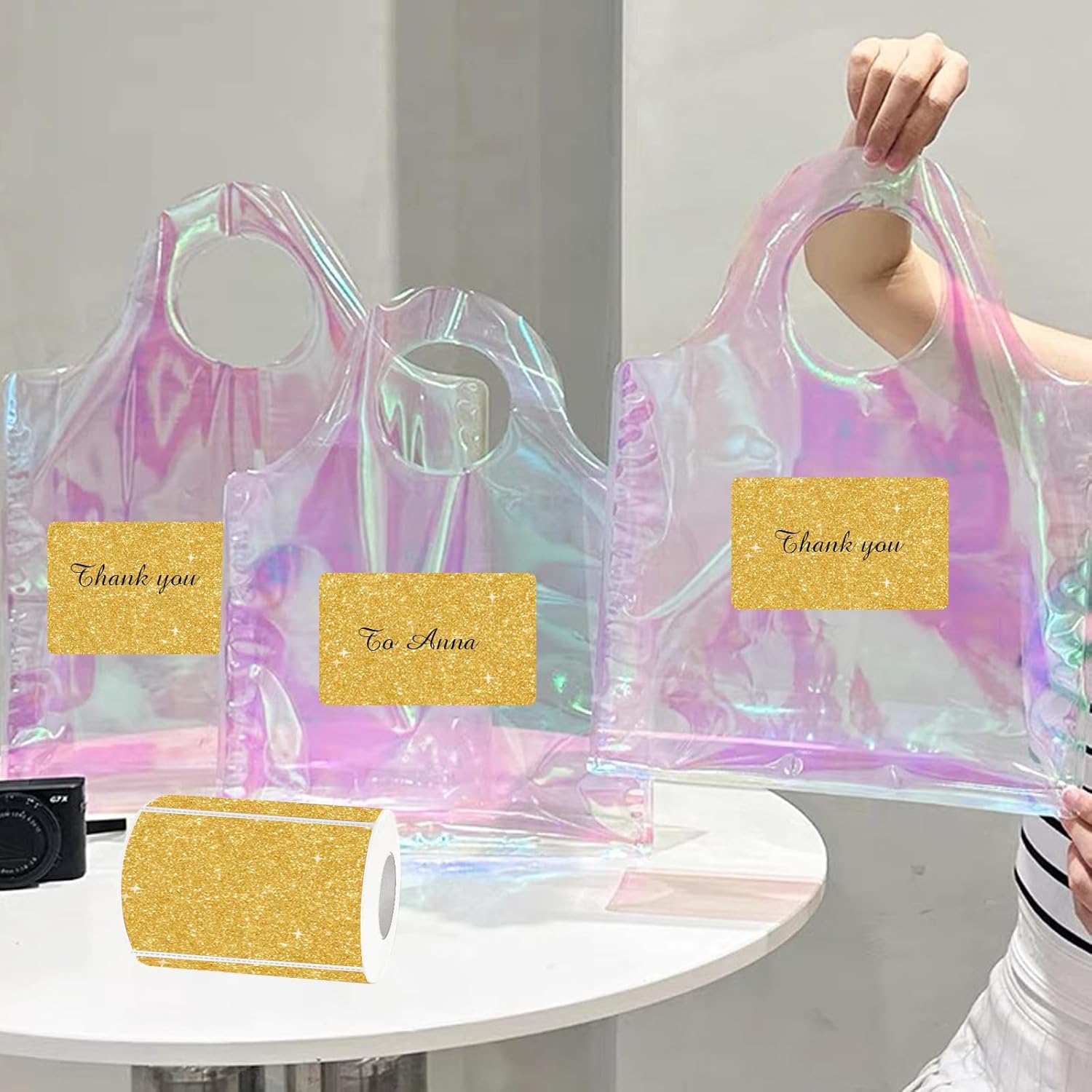 3x2 Inch Holographic Thermal Labels, Shiny Gold Thermal Sticker Labels, Rainbow Glitter Stickers for Price, Barcode, Mailing, Name, DIY Custom Logo Design, 200 pcs/1 Roll