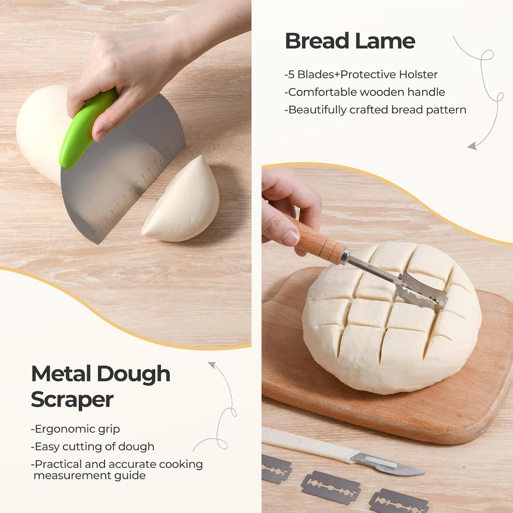Silicone Banneton Bread Proofing Basket Set, 2 Foldable Sourdough Proofing Baskets (9" Round & 10" Oval), Complete Set for Bread Making With Essential Tools, Green