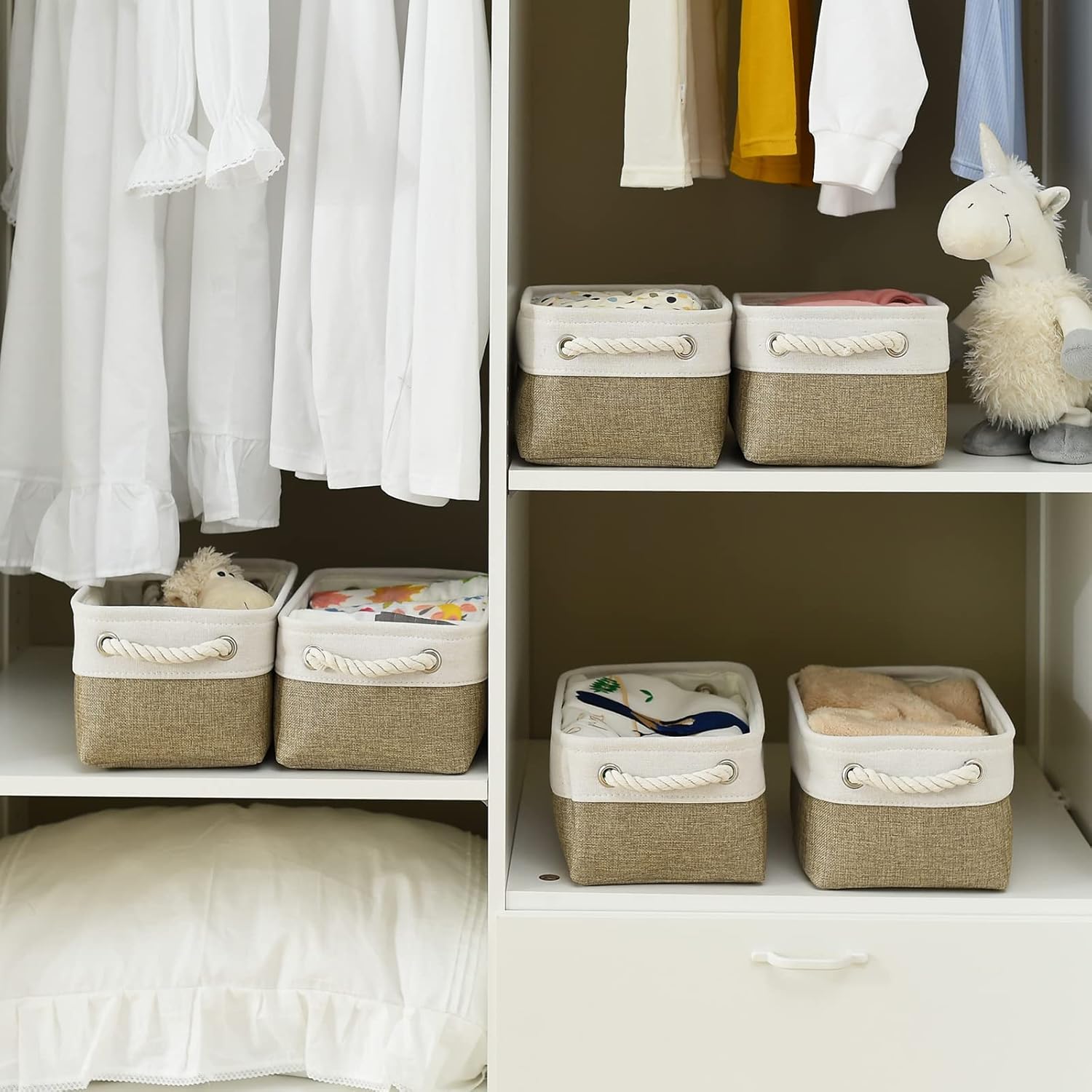 TheWarmHome Storage Basket for Shelves - 12x8x5.2 inch Small 6 Pack Collapsible Storage Bin for Closet with Handles, Fabric Storage Cubes for Cloth Organizer Gift Toy Decorative (White & Khaki)