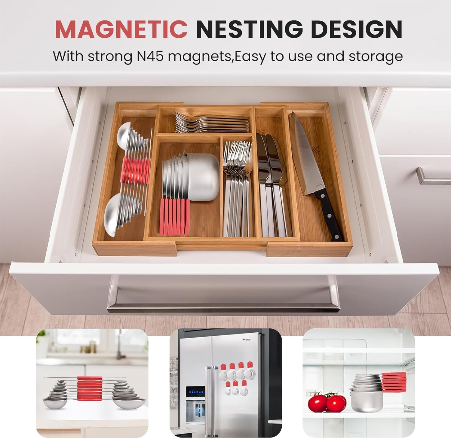 Magnetic Measuring Cups and Spoons Set-Heavy Duty 304 Stainless Steel，Double Measurement Markings，Set of 16 with Leveler for Measure Dry and Liquid Ingredients (Red)