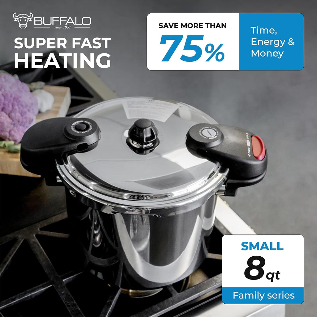 Buffalo Pressure Cooker 8 Qt Stainless Steel - Small Canning Pot with Lid for Home, Commercial Use - Easy to Clean Stove Top Pressure Canner, Can Cooker - SG Certificate QCP408