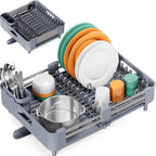 Dish Drying Rack for Kitchen Counter, Extendable Dish Rack with Drainboard, Expandable Dish Drainer, Collapsible Dish Strainer with Cutlery Holder, Foldable Home Countertop Plate Storage Rack, Gray