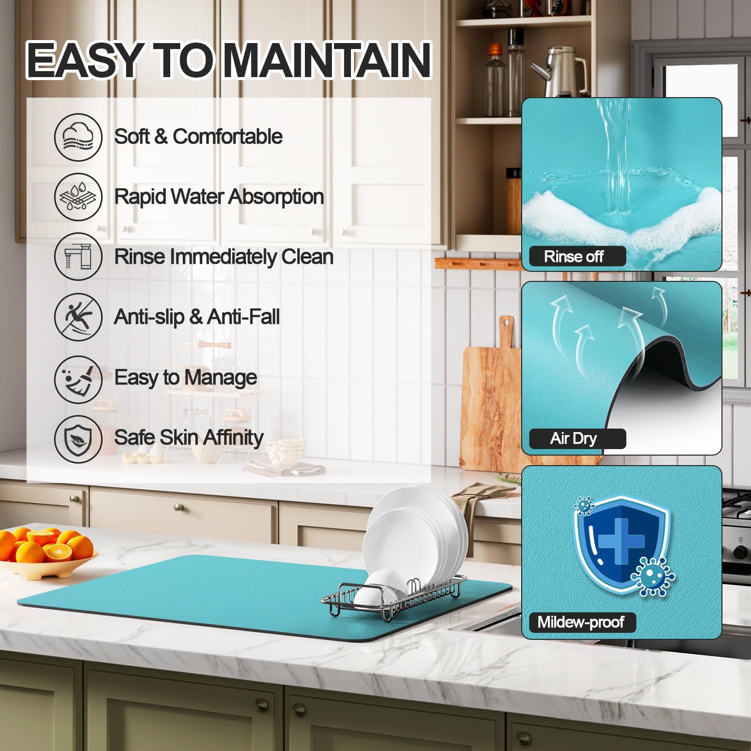Dish Drying Mat for Kitchen Counter | Coffee Bar Mat for Countertops | Heat Resistant Drainer Mat with Non-slip Rubber Backed | Hide Stain Kitchen Absorbent Draining Mat | Turquoise 18"x32"
