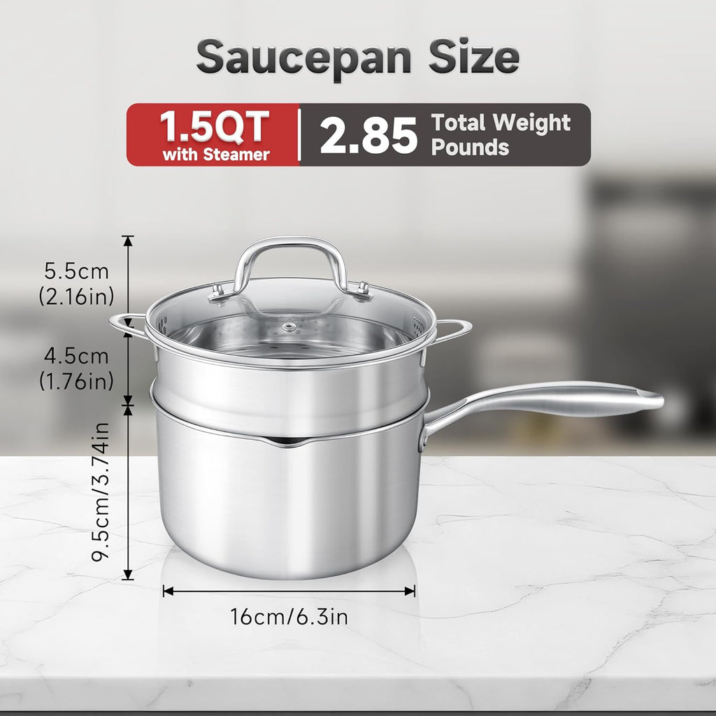 1.5 Quart Stainless Steel Saucepan with Steamer Basket, Tri-ply Full Body, Multipurpose Sauce Pot with Two-Size Drainage Holes Lid, Perfect For Boiling Gravies, Pasta, Noodles
