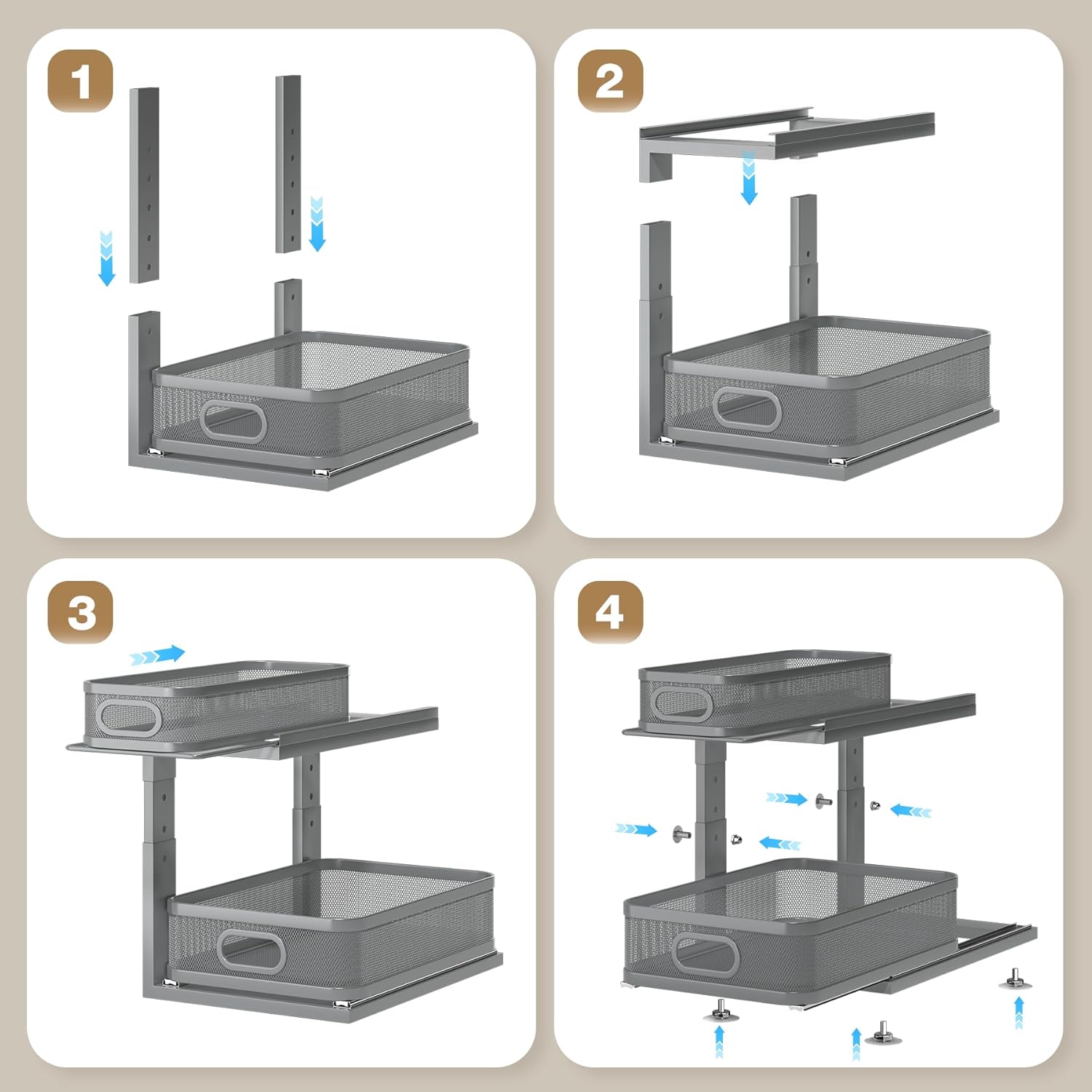 1 Pack 15.5IN-Depth Under Sink Organizer With Next-Gen Ball-Bearing Slides,2-Tier Precision Mesh Pull Out Cabinet Storage for Bathroom&Kitchen,Height Adjustable Drawers Shelf,Anti-rust-Grey