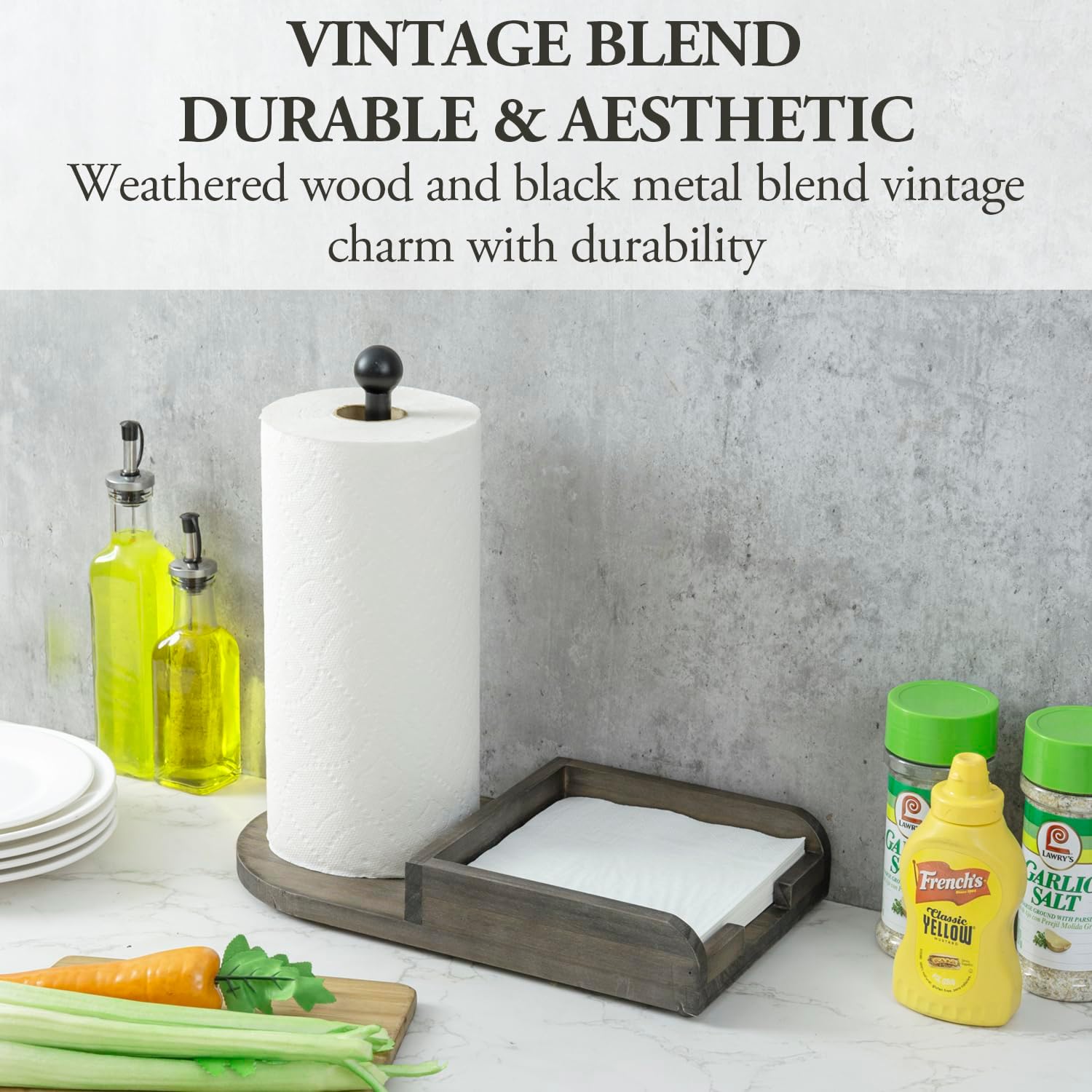 MyGift Vintage Weathered Gray Solid Wood and Black Metal Paper Towel Roll Holder and Napkin Dispenser Combination Storage Rack for Kitchen Counter or Dining Table