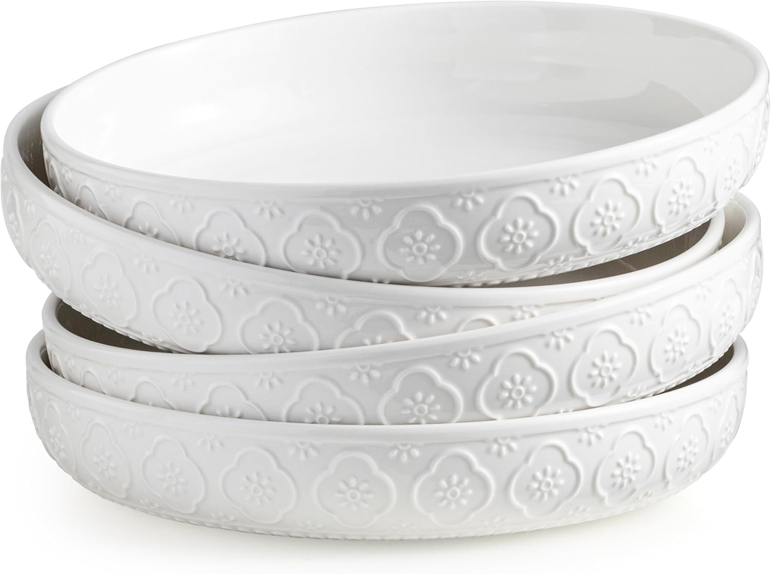 YHOSSEUN 9.75" Pasta Bowls Set of 4, 50 OZ Large Salad Serving Bowls, Ceramic Pasta Plate Bowls, White Soup Bowl, Microwavable Dinner Bowls for Kitchen, Embossed Sunflower