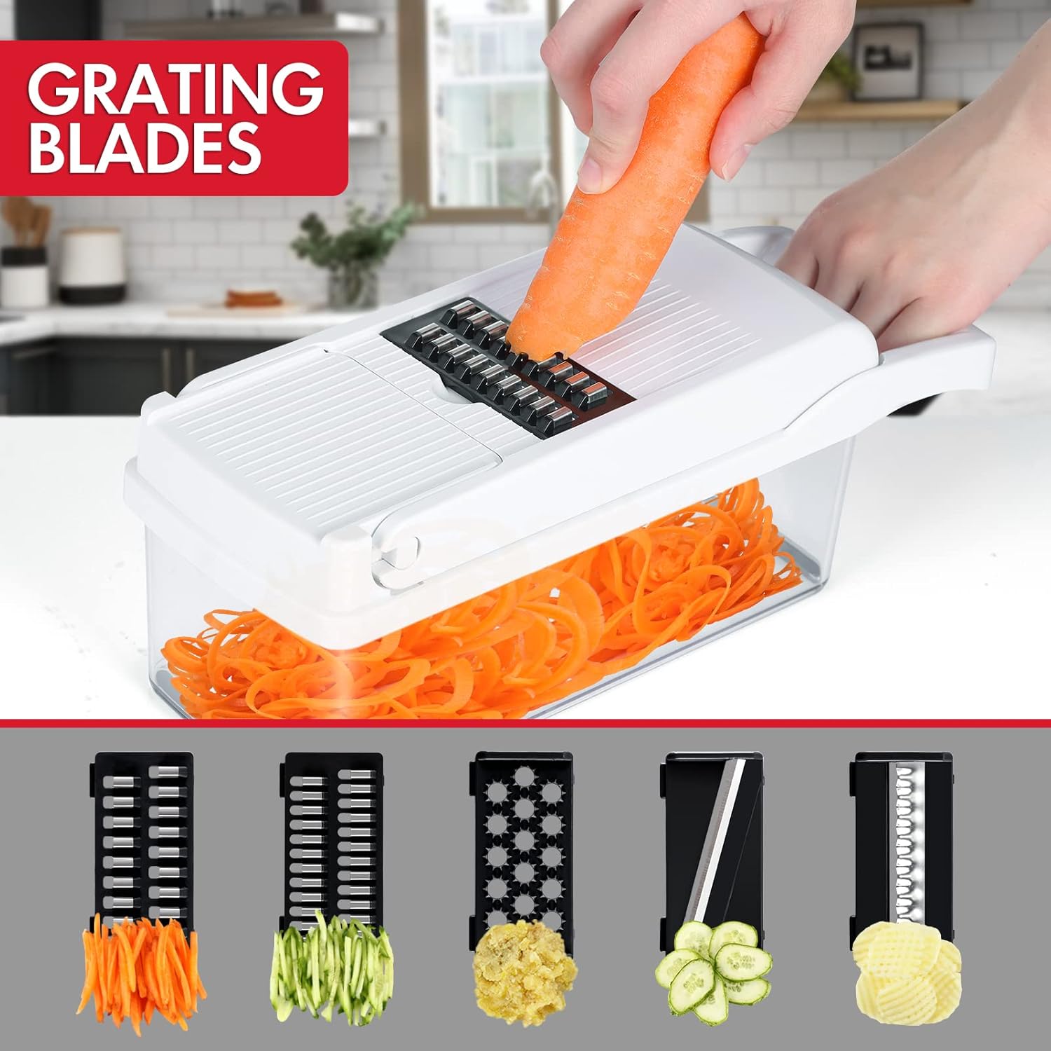 Ourokhome Vegetable Chopper Onion Cutter, 14 in 1 Professional Mandoline Slicer for Kitchen, Multifunctional Food Chopper for Potato, Tomato, Veggie with Strainer Basket, 10 Blades, Black