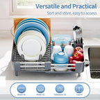 Stainless Steel Dish Drying Rack - Dish Drainer for Kitchen Counter, Extendable Drainboard with Foldable, Space-Saving Cup & Bowl Organizer, Includes Knife and Utensil Holder, Gray