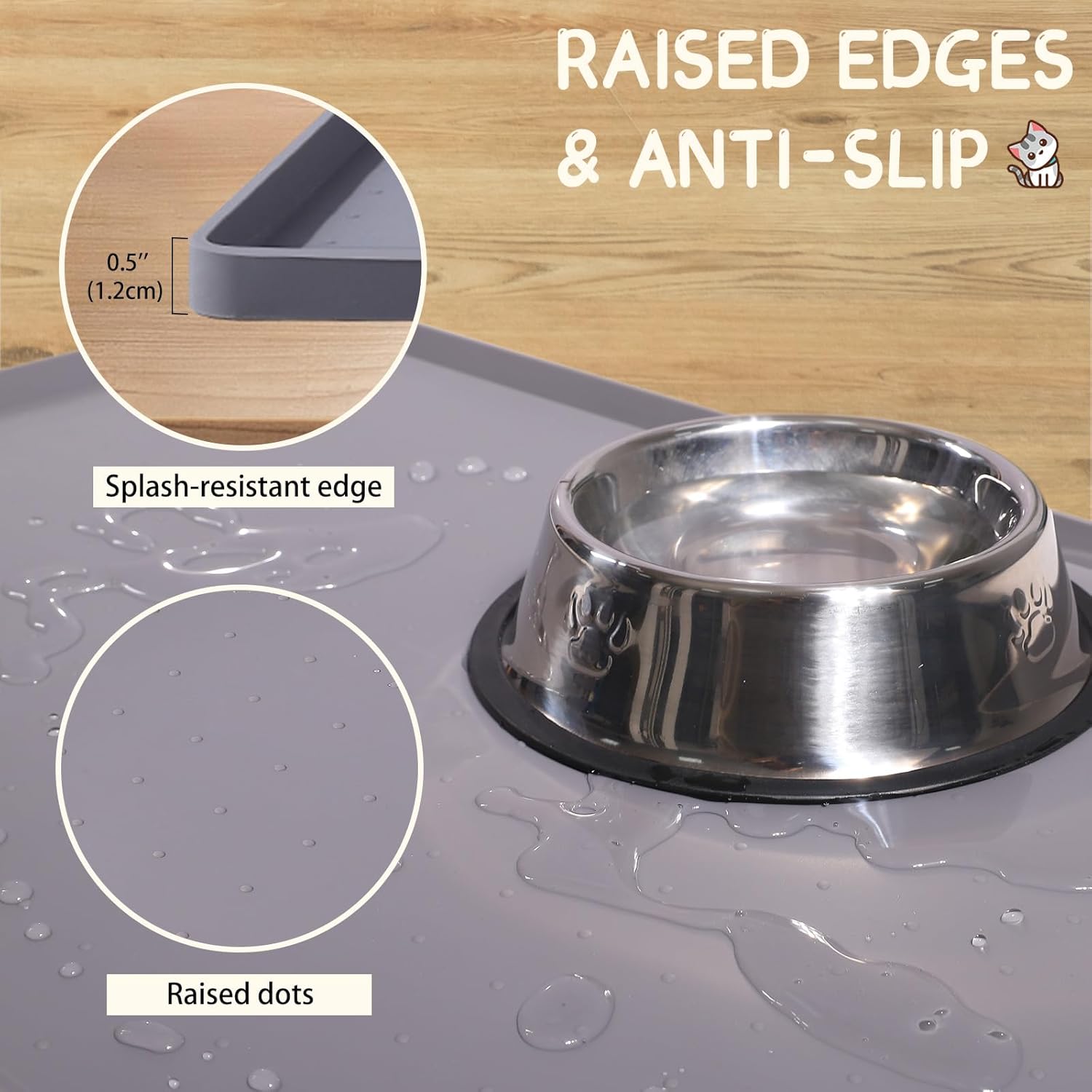 MateeyLife Silicone Cat & Dog Food Mat for Floors Waterproof, Anti-Slip Dog Bowl Mats for Food and Water, Pet Feeding Mats with Lip to Prevent Spills, Pet Placemat for Messy Drinkers to Protect Floors