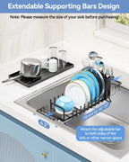 Small Dish Drying Rack in Sink, Expandable Dish Drainer Over Sink with Silicone Drying Tray, Compact Dish Rack for Kitchen Counter with Utensil Holder, Drying Rack Organize Small Space, Black