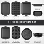 11-Piece Nonstick Baking Pan Set, Stackable Bakeware Sets, Oven Pans for Baking with Silicone Handles, Includes Cookie Sheet, Cake Pans, Loaf Pan, Pizza Pan, Muffin Pan, Black