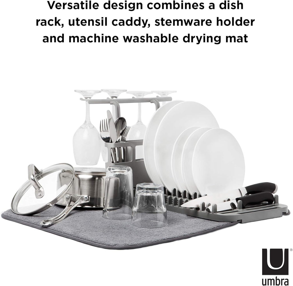 Umbra Udry Dish Rack and Microfiber Drying Mat – Space-Saving Design Folds Up for Easy Storage, Rack with Caddy, Gray