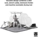 Umbra Udry Dish Rack and Microfiber Drying Mat – Space-Saving Design Folds Up for Easy Storage, Rack with Caddy, Gray