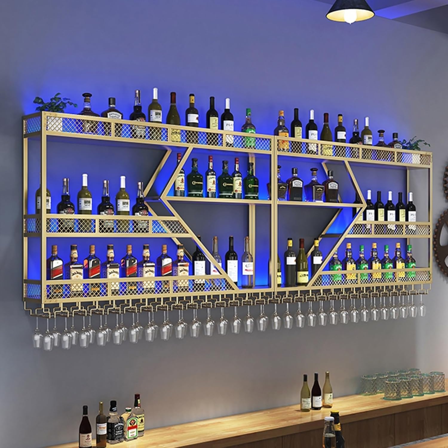 63in Metal Wine Rack Wall Mounted, Modern Wine Storage Rack Wall Mounted with Wine Glass Holder, Liquor Shelf, Bar Shelves for Liquor Bottles (3TIERS Gold, 63 * 7.87 * 33.85INCH)