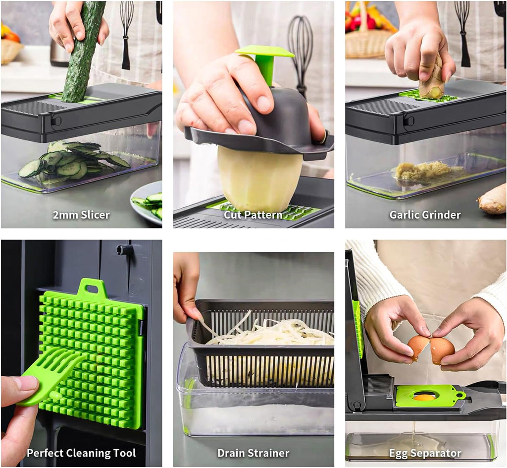 Vegetable Chopper Cutter Slicer Multifunctional 14-in-1 Food Veggie Salad Onion Chopper Cutter Dicer with Container, 8 Interchangable Blades, Hand Protector, Drain Strainer, Peeler, Brush