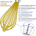 Yellow Silicone Whisk, Professional Whisks For Cooking Non-Scratch, Stainless Steel & Silicone Wisk, Plastic Rubber Whisk Tool For Nonstick Cookware Pans, Silicon Wisks Set of 3.