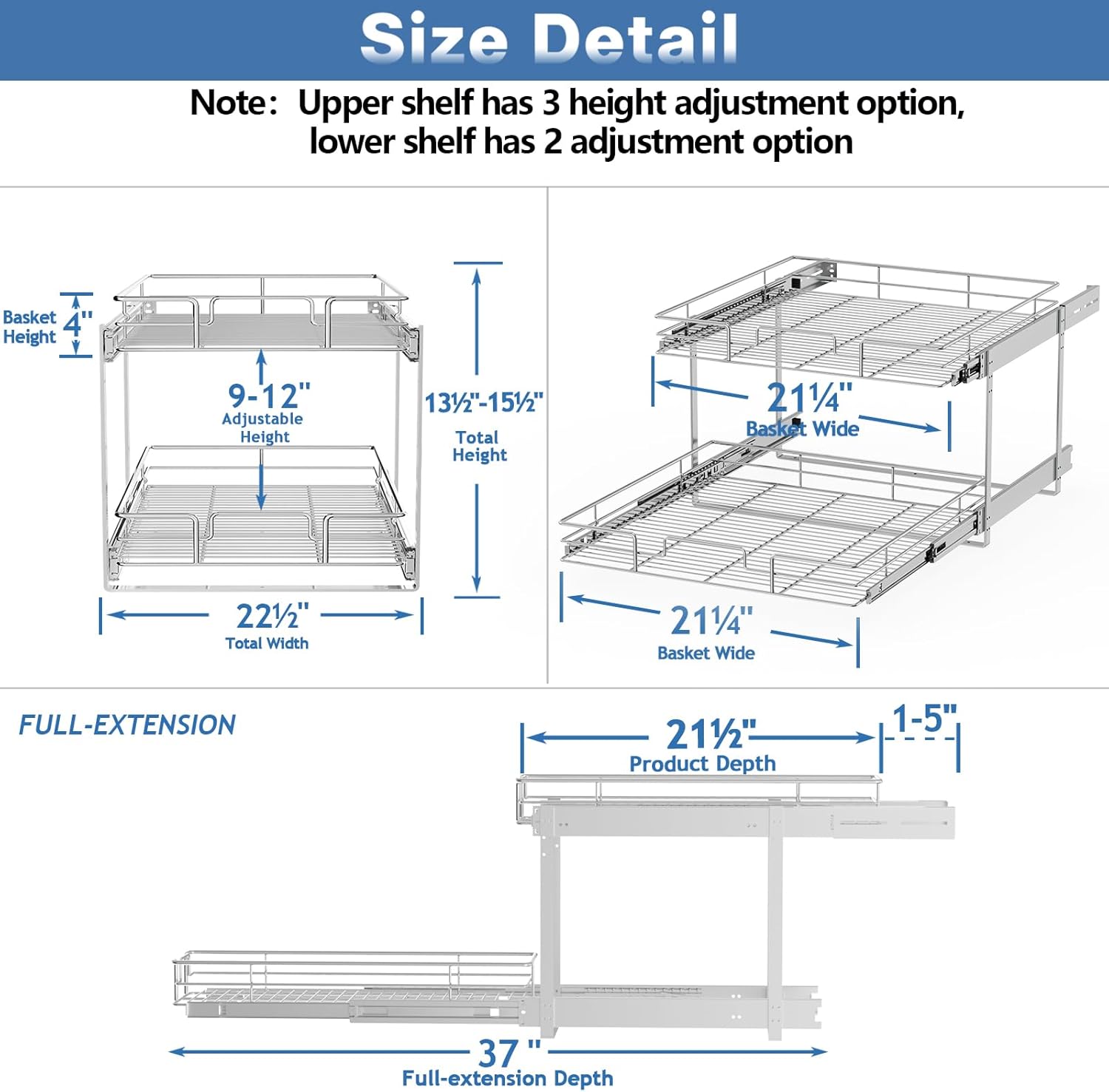 ROOMTEC Individual Pull Out Cabinet Organizer (22½"W x 21½"D), 2 Tier Spice Rack Organizer for Cabinet, Slide Out Drawer Pantry Shelf Organization and Storage for Kitchen Bathroom