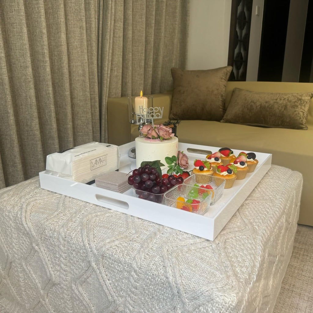 White Modern Acrylic Ottoman Tray with Cutout Handles 22x22 Inch Over-Sized Serving Tray Rubber Boot Tray Organizer Decorative Tray for Living Room, Bedroom,Bathroom and Kitchen Tabletop