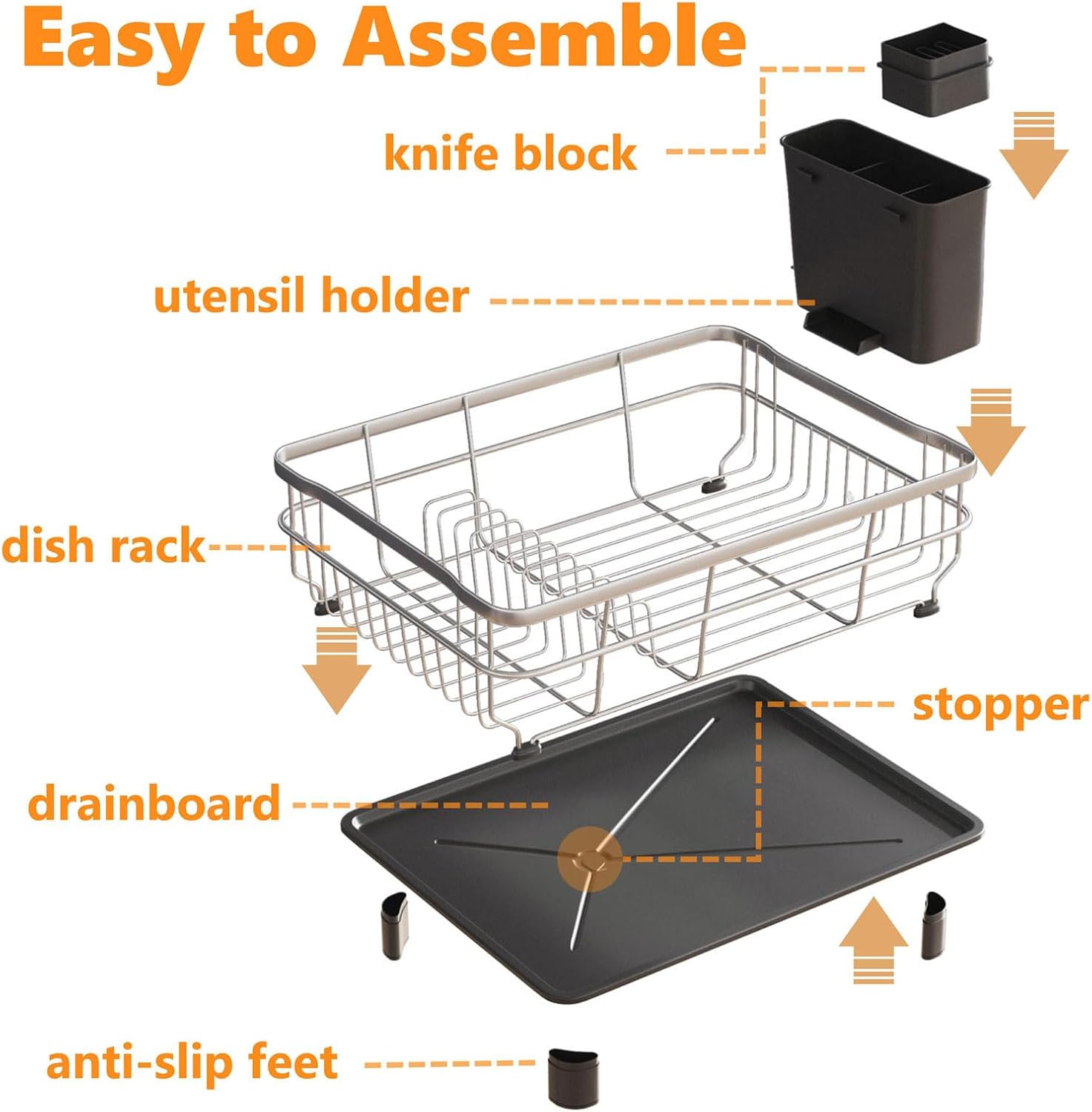 Stainless Steel Dish Drying Rack with Drainboard Dish Drainers for Kitchen Counter Extendable Spout Strainers with Utensil Holder and Knife Slots, Black
