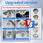 Upgraded 3 in 1 Kitchen Sink Drain Filter - Stainless Steel Sink Stopper, Anti-Clogging Sink Food Catch Basket, Quick Drain Odor Filter Sink Stopper(Silver-2pcs)