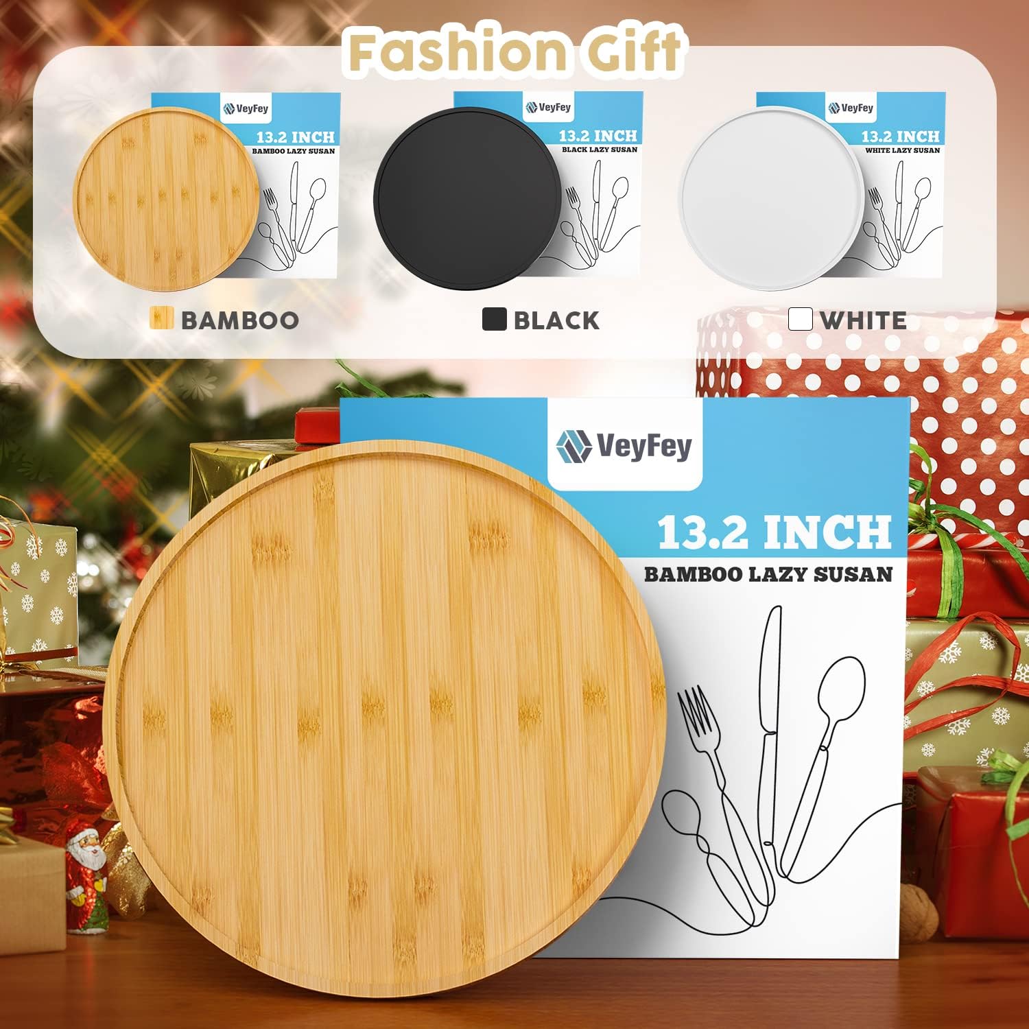 Lazy Susan Organizer, 13.2 Inch Non-Skid Bamboo Lazy Susan for Kitchen Table cabinets Closets and Kitchen Islands, Wood Turntable for Kitchen Countertop Organizer