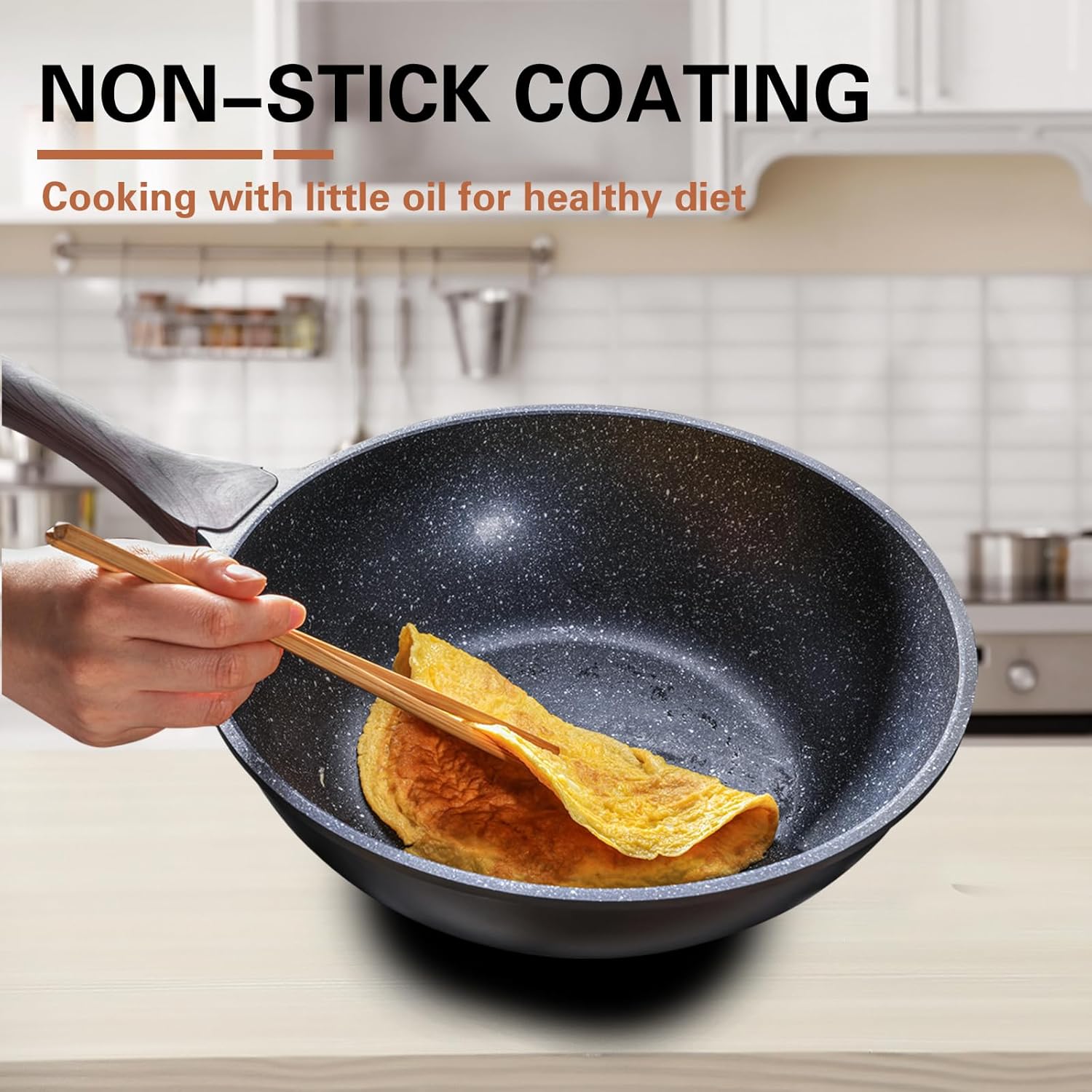 Nonstick Wok with Lid, 12 Inch Woks & Stir-fry Pans, Granite Stone Coating for Cooking, Induction Cookware, Compatible with All Stovetops, PFOA Free
