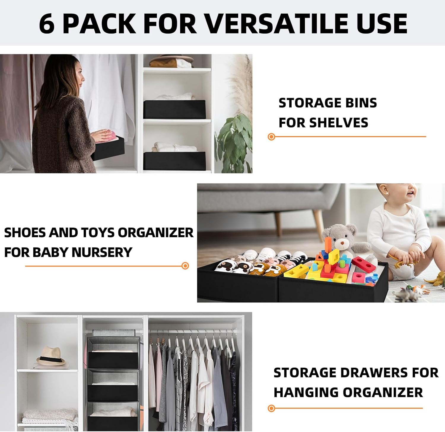 Criusia Drawer Organizer - 6 Pack Clothes Bins for Bedroom & Nursery - Dividers for Socks, Underwear & Baby Clothes - Black