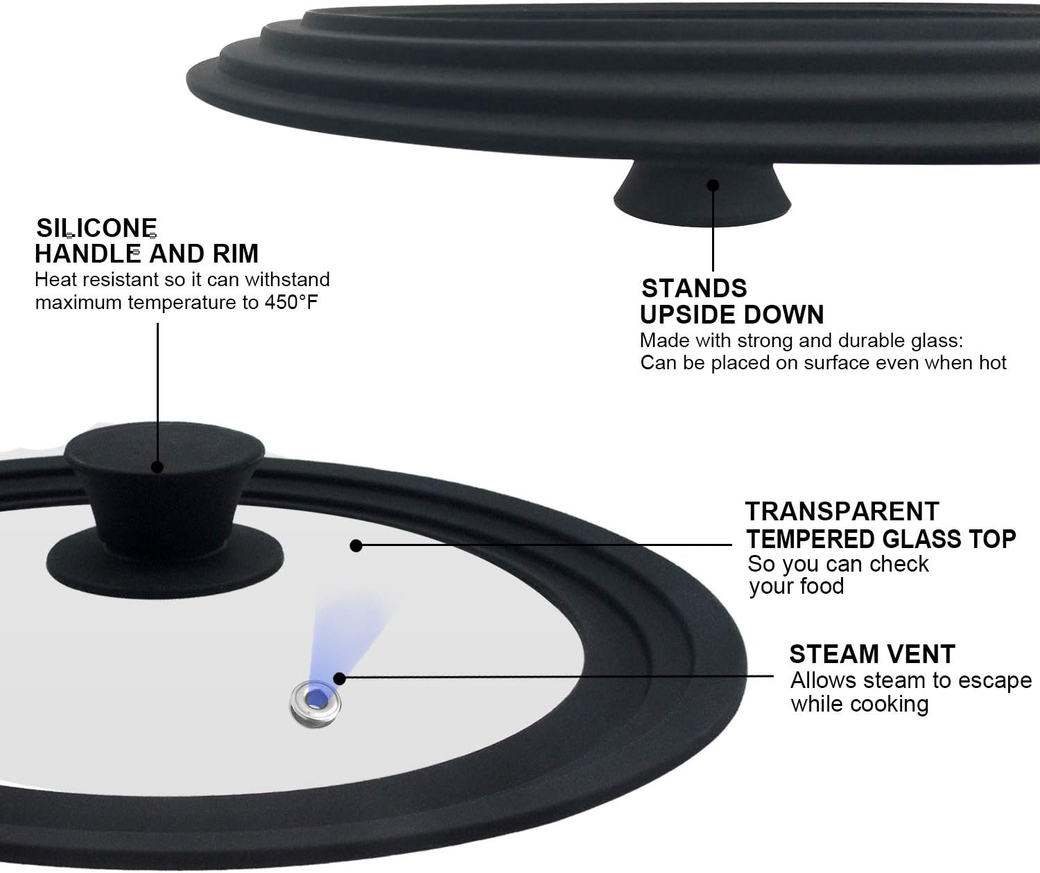 Walfos Universal Lid, Tempered Pan Lid with Heat Resistant Silicone Rim, Fits All 7" to 12" Diameter Cookware, Pots, Pans and Skillets (2Pk)