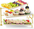 Lifewit 3 Tiered Tray Stand for Party Entertaining, 14"×6.5" Serving Platters and Trays, Reusable Plastic Trays with Stable Gold Mental Stand for Veggie, Fruit, Cookies, Dessert