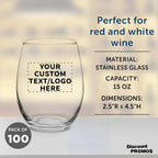 Custom Stemless Wine Glasses by ARC Perfection 15 oz. Set of 100, Personalized Bulk Pack - Restaurant Glassware, Perfect for Red Wine, White Wine, Cocktails - Clear