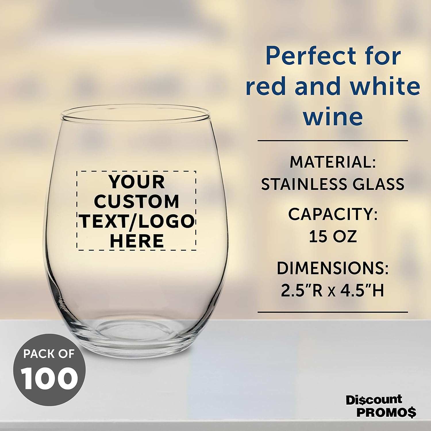 Custom Stemless Wine Glasses by ARC Perfection 15 oz. Set of 100, Personalized Bulk Pack - Restaurant Glassware, Perfect for Red Wine, White Wine, Cocktails - Clear