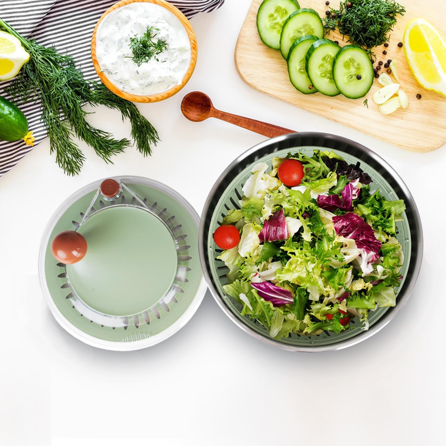5.3Qt Stainless Steel Salad Spinner with Stop Button, Vegetable Dryer Spinner, Salad Spinner Stainless Steel with Drain, Non-Slip Base, Dishwasher Safe