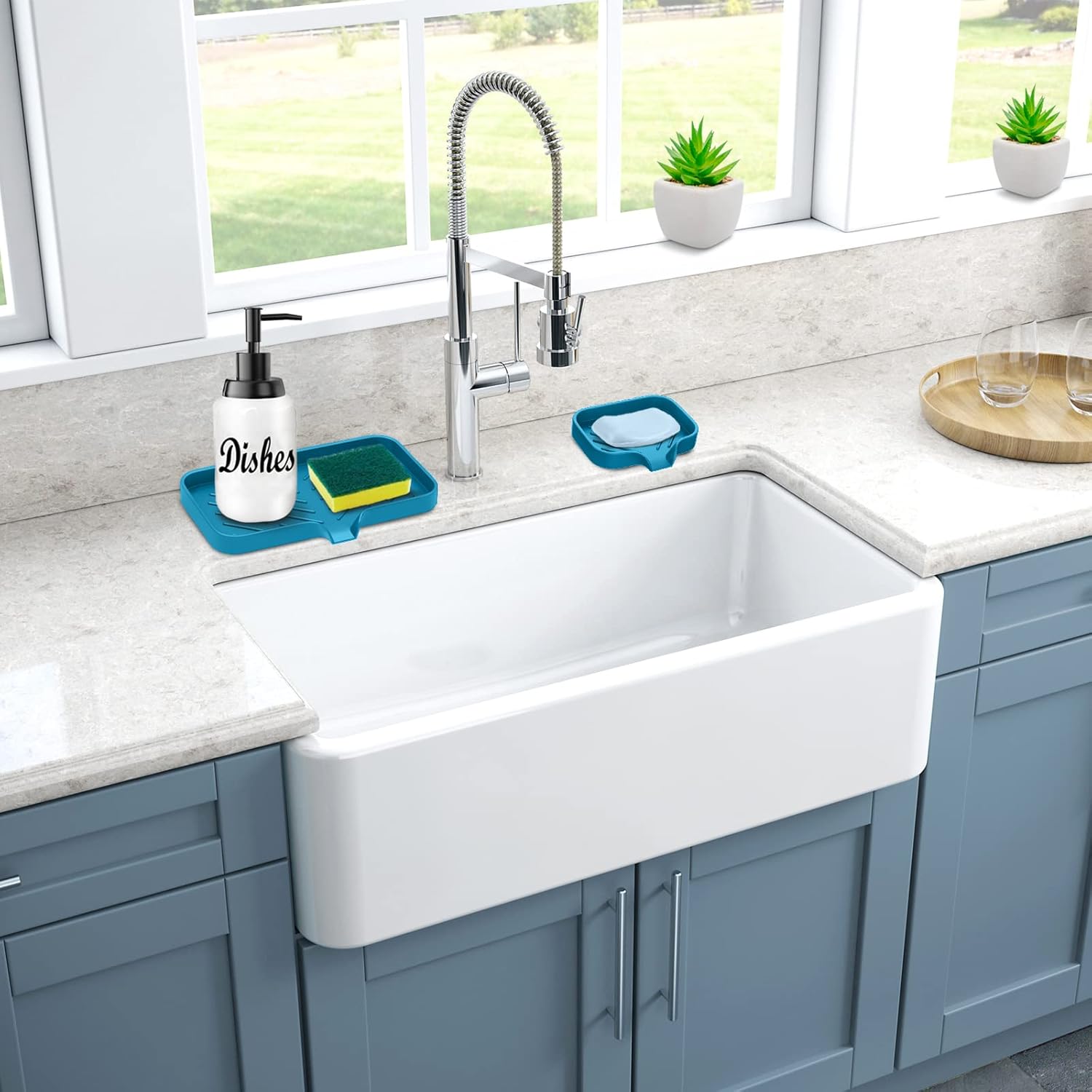 Premium Silicone Soap Holder for Bathroom & Kitchen Sink - Self Draining Tray with Caddy for Dish Soap Bottle & Soap Dispenser