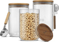 JoyJolt Holden 32oz Stackable Glass Storage Containers with Lids and Scoops, Airtight Food Canister Set of 3 w/Acacia Wood Lids, Round Stacking Pantry and Kitchen Containers w/Scoop | Clear